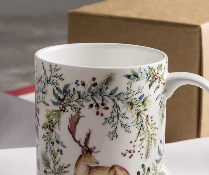 Maison d' Hermine Coffee Mug with Handles Fine Bone China Mugs Pack of One Tea Cups for Hot Beverages Cappuccino Latte Home Restaurant Office Perfect for Gift (Holly Time - Cerf, 12 Ounce)