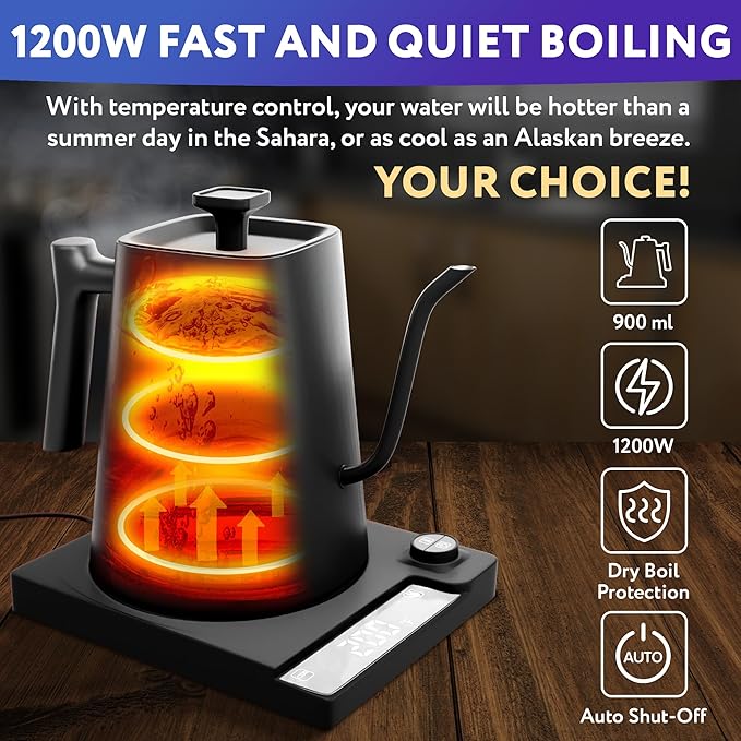 APQ Gooseneck Electric Kettle 30 Oz. Auto Shut-Off Black 1200 W Temperature Control 0.9 L Rapid Heating With LED Display