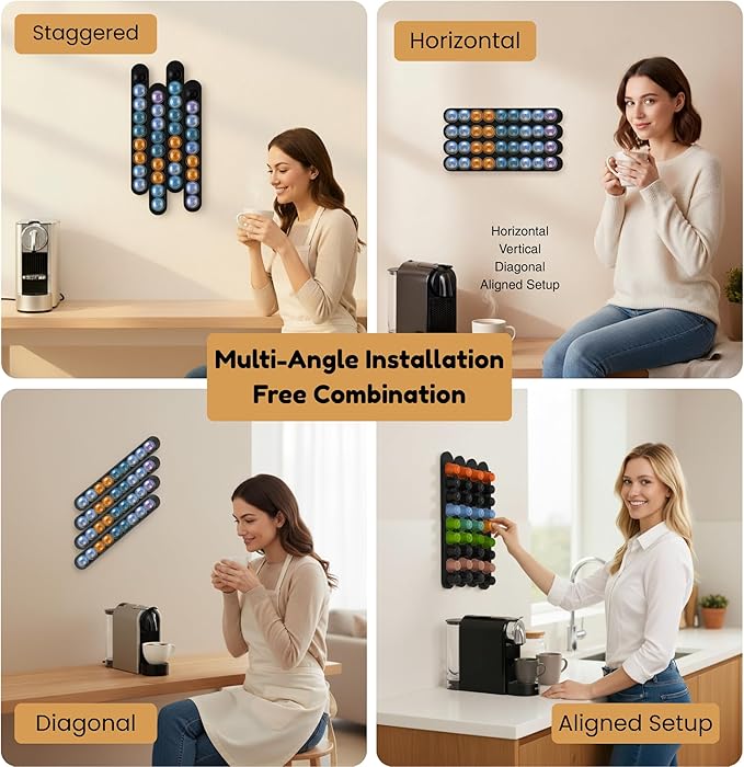 Bamboo Coffee Pod Holder, Adhesive Wall Mount (No Drilling) for Cabinet Door, 36-Capsule Storage (Set of 4) — Vertical/Horizontal — Compatible with Nespresso Original Line-Black