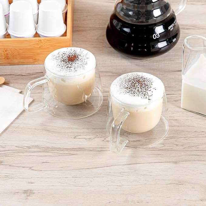 Restaurantware Glass Espresso Cups 12 Count 7 Ounces Borosilicate Double Wall Glass Coffee Mugs Insulated Clear Tea Drinkware for Hot or Cold Beverages