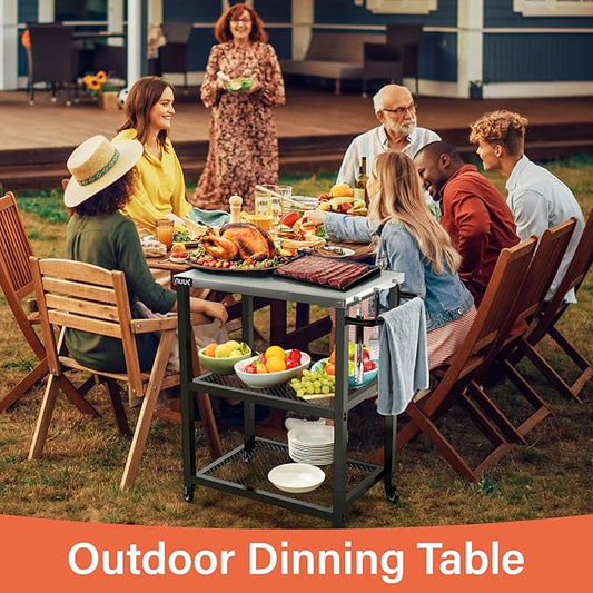 NUUK Grill Cart 16" x 24" Dining Prep Table 3-Shelf Kitchen Worktable Rolling Outdoor Pizza Oven Carts with Stainless Steel Top for Outside BBQ Tables