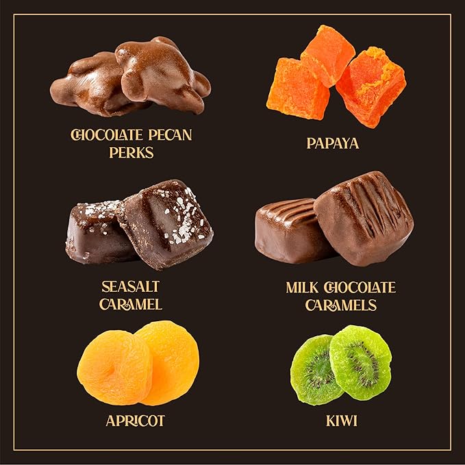 Premium Fruit & Chocolate Gift Box – Assortment with Chocolate Pecans, Dried Apricots, Kiwi Slices, Papaya, Sea Salt Caramels & Milk Chocolate Caramels – Perfect for Gifting