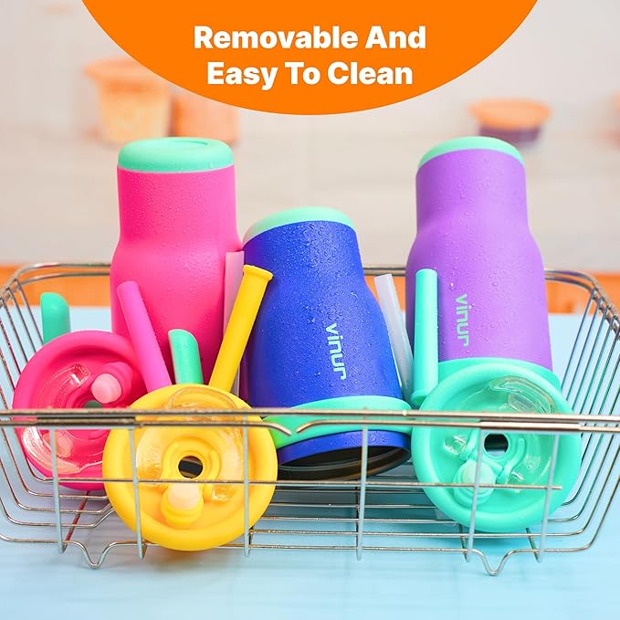 VINUR Kids Tumbler with with Lid and Straw -14 oz Stainless Steel Vacuum Insulated Tumbler Travel Mug with Handle & Silicone Base-Gifts for Girls, Purple