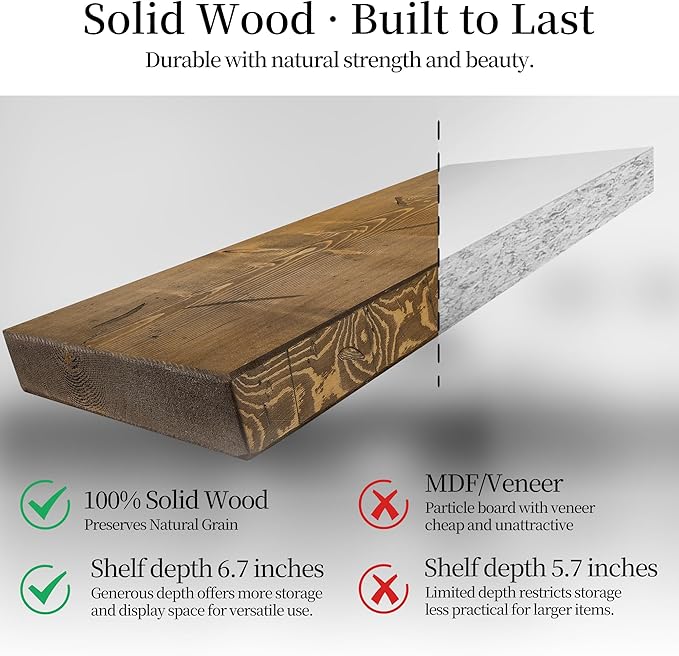 BGMG Floating Shelves 42 inch Long, Distressed,Wide Rustic Wooden Wall Shelves for Bathroom Living Room Bedroom Kitchen Farmhouse Set of 2-42x6.7x1.25 inch-Distressed Walnut