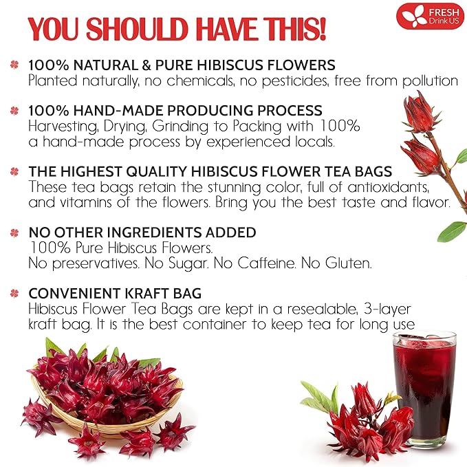 FreshDrinkUS, Premium 10 Hibiscus Flowers Tea Bags, 100% Natural, Pure from Hibiscus Flowers. Loose Flower Herbal Tea. No Sugar, No Caffeine, No Gluten, Vegan.