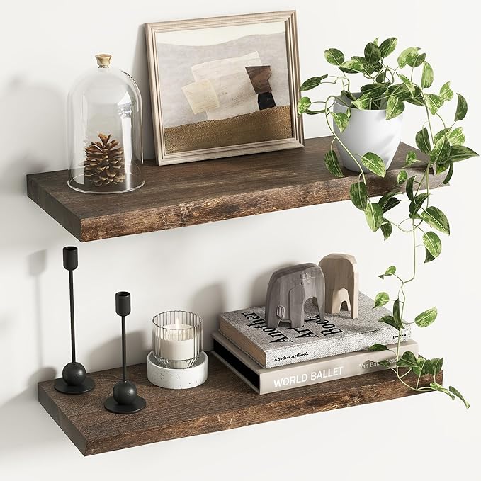 Reclaimed Elm Wood Floating Shelves for Wall, Live Edge 24"W x 9.2"D x 1.4"H, Set of 2 with Invisible Bracket, Wall Mounted Shelves for Living Room Bedroom Kitchen Bathroom Decor, Walnut Finish