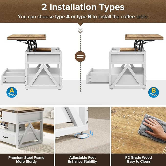 40" Lift Top Coffee Table,4 in 1 Multi-Function Lift Coffee Tables with Storage Drawers and Hidden Compartmen,Farmhouse Coffee Table with Lifting top for Living Room, White+Brown