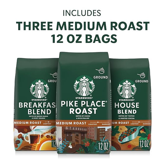 Starbucks Ground Coffee, Medium Roast Hot or Iced Coffee, Variety Pack, Three 12 oz Bags