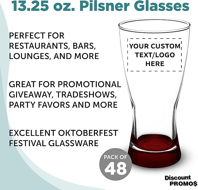 Custom Pilsner Glasses 13.25 oz. Set of 48, Personalized Bulk Pack - Made in the USA, Perfect for Hotels, Restaurants, Bars and Even Party Favors - Red