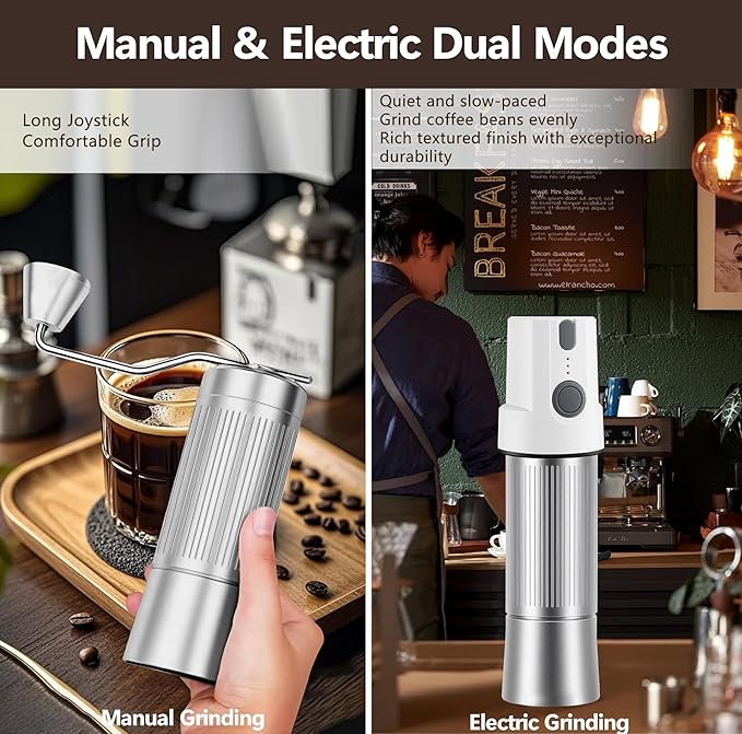 Burr Coffee Grinder 2-in-1 Manual/Electric, 40mm Stainless Steel Conical Burr Coffee Bean Grinder, USB Rechargeable Home Use, 16 Grind Levels for Espresso/Drip/French Press/Mocha (Silver)