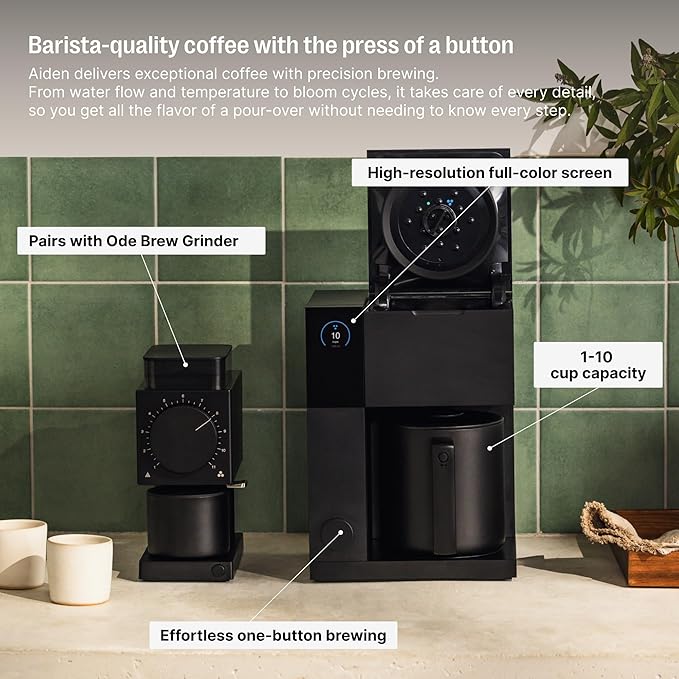 Fellow Aiden Precision Coffee Maker - 10-Cup Thermal Carafe, Built-In Brewing Guidance, Scheduling, Removable Water Tank, Matte Black