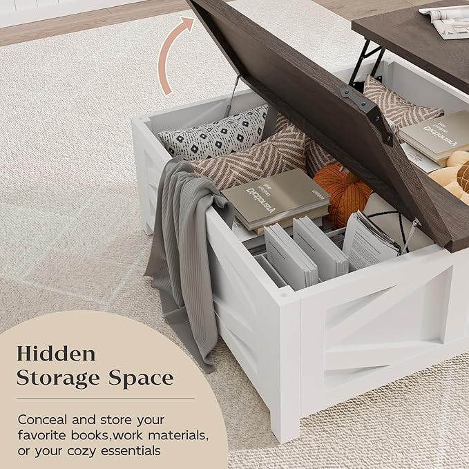 TOLEAD 36" Farmhouse Lift Top Coffee Table with Storage, Square Coffee Table with Charging Station, Living Room Center Table with Large Hidden Space, White