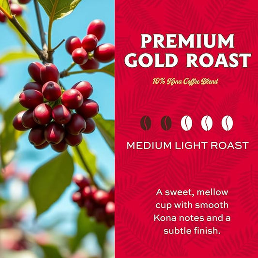 Lion Coffee Premium Gold Roast, 10% Kona Coffee Blend, Medium-Light Roast, A Taste of Aloha - Ground, 24 Ounce Bag