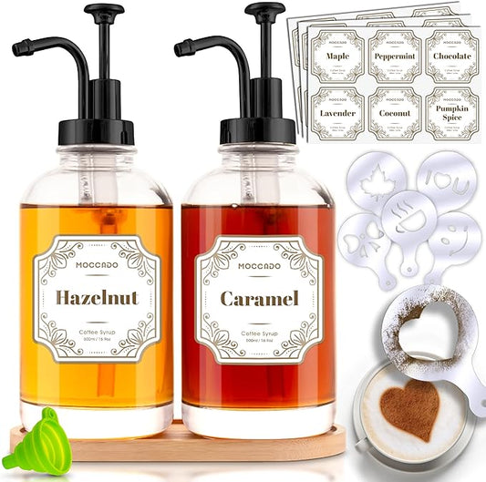 Glass Coffee Syrup Dispenser for Coffee Bar - Set of 2 Black 500 ml / 16.9 oz Glass Syrup Bottles, Includes Bamboo Tray, 16 Stencils, Labels, Coffee Bar Accessories