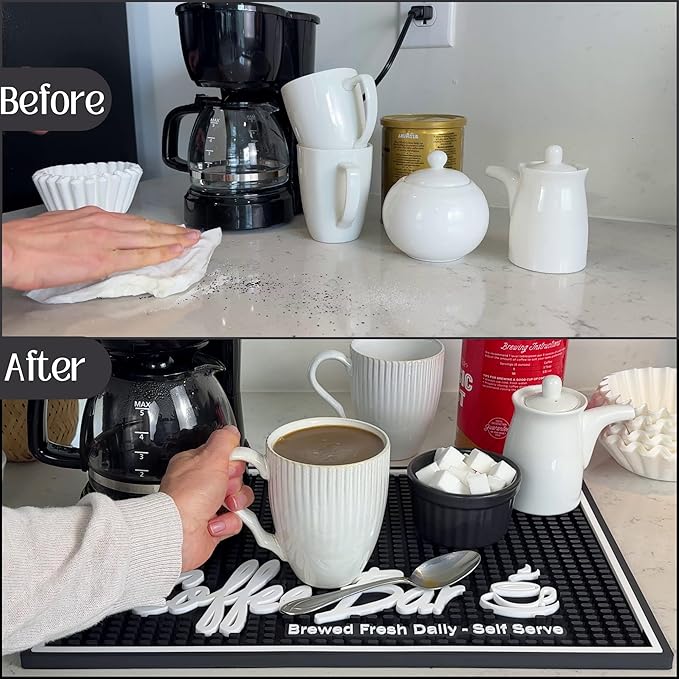 Coffee Station Mat Brewed Fresh Daily Self Serve Coffee Bar Mat for Countertop, Large 18 x 12 in for Modern Kitchen Decor and Accessories, Bar Mats for Bartending