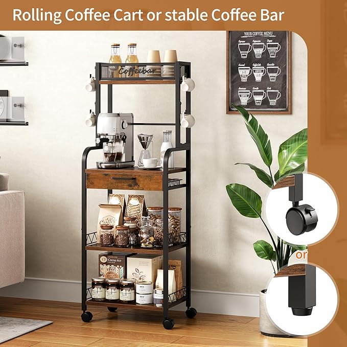HavenlyYouth Coffee Bar Organizer Station- 5 Tier Coffee Stand Station with Wheels and Storage, Pod Drawers and 4 Hooks for k Cup Organizer, Tea Bar, Living Room, Kitchen,Office