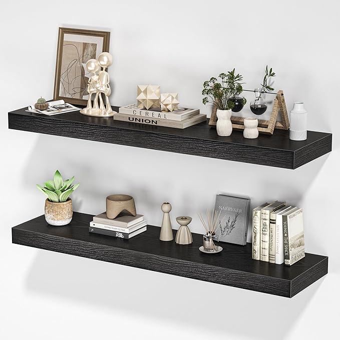 Floating Shelves for Wall, 36" W x 8" D x 1.5" H, Wooden Wall Mounted Display Shelves with Invisible Brackets for Living Room, Bedroom, Bathroom, Kitchen Decor and Storage, Set of 2, Black