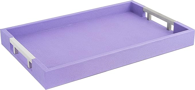 Modern Elegant 17.5"x12" Rectangle Purple Lavender Shagreen Faux Leather Decorative Tray Ottoman Coffee Table Perfume Living Room Kitchen Serving Tray with Silver Metal Handles by Home Redefined