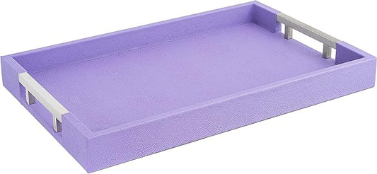 Modern Elegant 17.5"x12" Rectangle Purple Lavender Shagreen Faux Leather Decorative Tray Ottoman Coffee Table Perfume Living Room Kitchen Serving Tray with Silver Metal Handles by Home Redefined