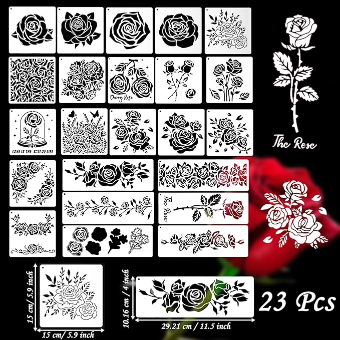 Rose Flower Cake Stencils Kit Reusable Floral Cookie Coffee Stencil Drawing Template for Valentines Day Dessert Buttercream Painting DIY Crafts Decor (23 Pcs)