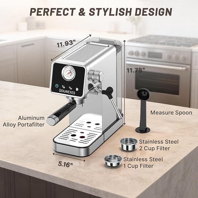 Espresso Machine 20 Bar, Compact Espresso Machine with Milk Frother, Stainless Steel Espresso Maker with Pressure Gauge, 37.2Oz Removable Water Tank for Cappuccino, Latte, Americano