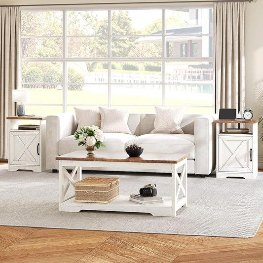 AMERLIFE 3-Piece Farmhouse Living Room Table Set with Coffee Table & 2 End Tables, Charging Station & USB Ports, Distressed White