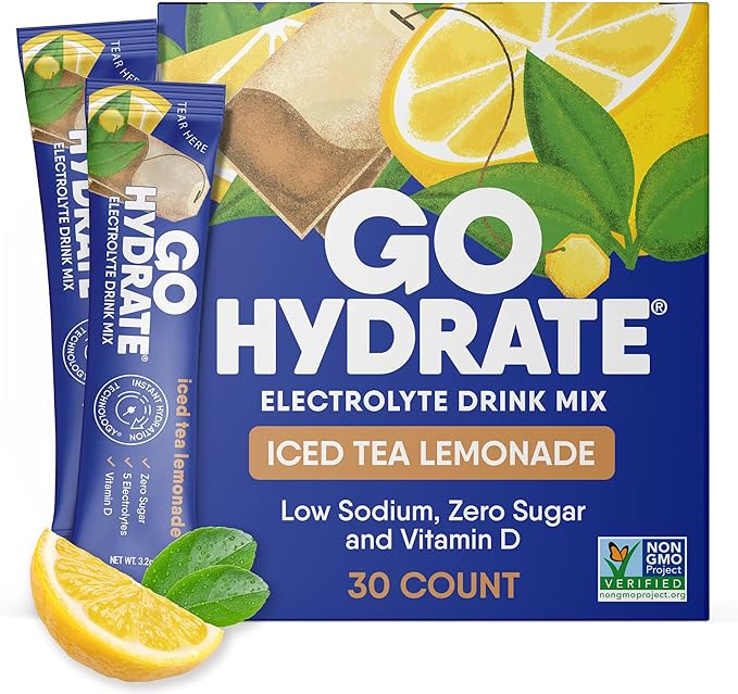 GoHydrate Low Sodium Electrolytes Powder Packets Sugar Free - Instant Hydration Daily Drink Mix - Zero Sugar Water Flavor Packet Singles with Vitamin D - (Iced Tea Lemonade, 30 Packs)