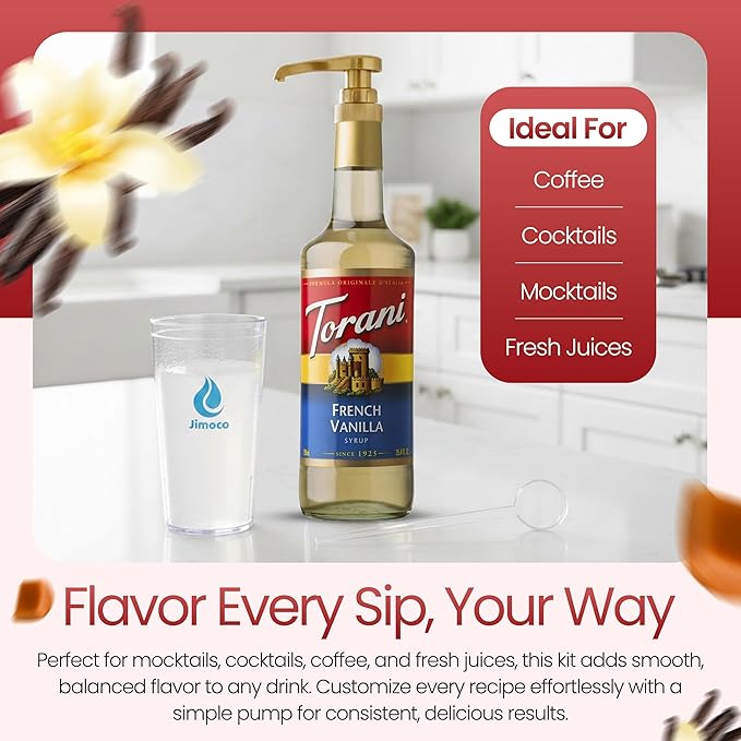 Jimoco Barista Set – Torani Caramel Classic & French Vanilla Syrups (25.4 oz Each) with 2 Jimoco Syrup Pumps, Reusable Cups, Straws & Stirrers – Coffee, Italian Soda & Cocktail Flavoring Kit