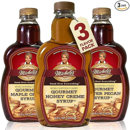 Michele’s Syrup Variety pack – Maple Crème, Honey Crème, Butter Pecan Syrups | Flavoring Syrup for Pancakes and Waffles, Ice Cream – Condiment for Salmon, Pork, and Beef – Great Breakfast Food Gift