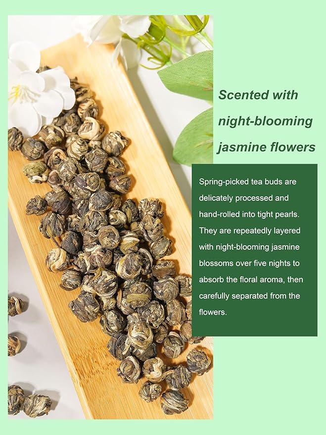 TeeLux Jasmine Pearls Green Tea, Handrolled Green Tea Loose Leaf with Delightful Aroma, Natural Jasmine Pearl Tea, 16oz