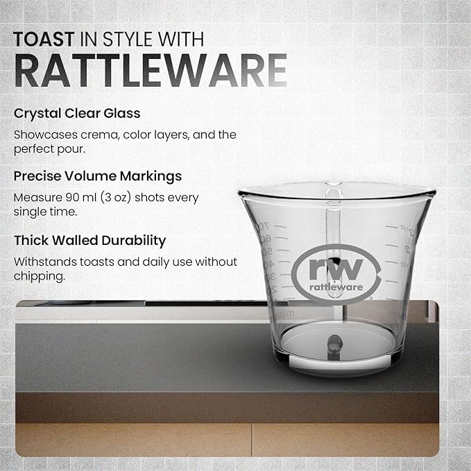 Rattleware Espresso Shot Glass Pitcher – Double Spouted Genuine Barista Measuring Cup with Graduations in Ml & Oz – High-Volume, Commercial-Grade for Swift Espresso Pouring & Precision (3 Oz, 2-Pc)