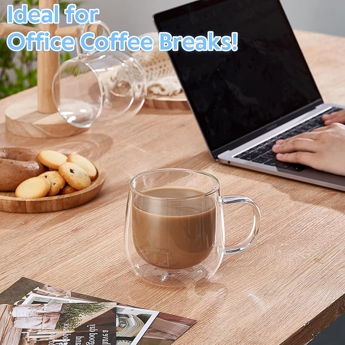 12oz Double Walled Glass Coffee Mugs Set of 4, insulated glass coffee cups, coffee mugs with handle, clear coffee cups for Espresso, Cappuccino, Latte, Americano, Tea,12oz (4 Pack)
