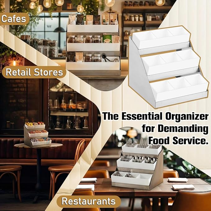Maxdot Coffee Station Organizer, 3-Tier Stainless Steel Condiment Station with Acrylic Bins, Condiment Organizer for Countertop Station13.4"x11.4"x12.4" for Coffee Bar Shops Kitchen Restaurants Bar