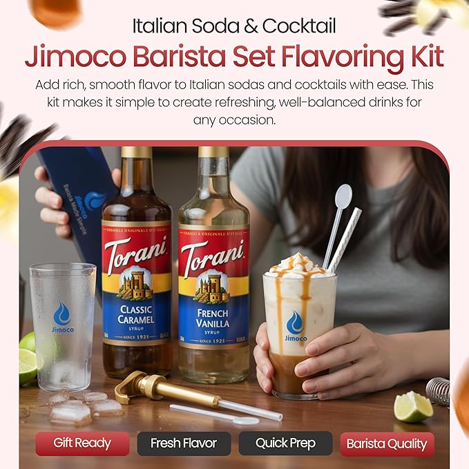 Jimoco Barista Set – Torani Caramel Classic & French Vanilla Syrups (25.4 oz Each) with 2 Jimoco Syrup Pumps, Reusable Cups, Straws & Stirrers – Coffee, Italian Soda & Cocktail Flavoring Kit