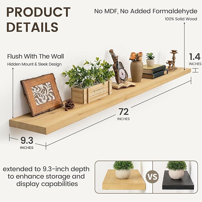 Marsmiles 72 Inch Floating Shelf | 9.3 Inch Deep Natural Wood Wall Shelf Set of 1 | Rustic Reclaimed Wood Shelves for Room Wall | Farmhouse Floating Shelves for Living Room Bathroom