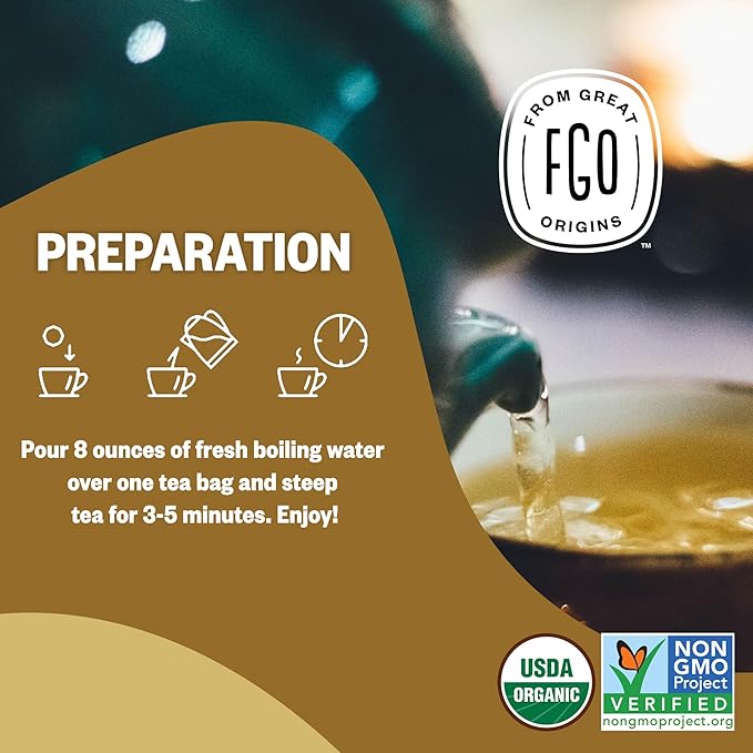 FGO Organic Chamomile Tea, 100 Eco-Conscious Tea Bags, Caffeine Free, Resealable Bag, Packaging May Vary (Pack of 1)
