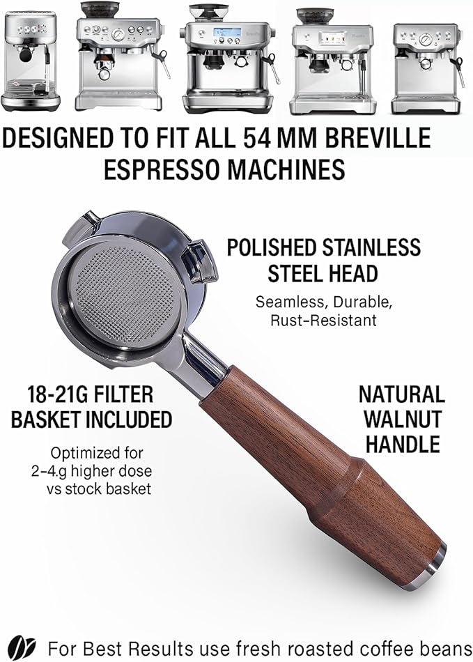 Bottomless Portafilter 54mm Walnut for Breville Barista Express, Pro, Touch, Bambino Plus | Premium Naked Portafilter | Fits BES870XL, BES878, BES880 | Includes 18–21g Filter Basket