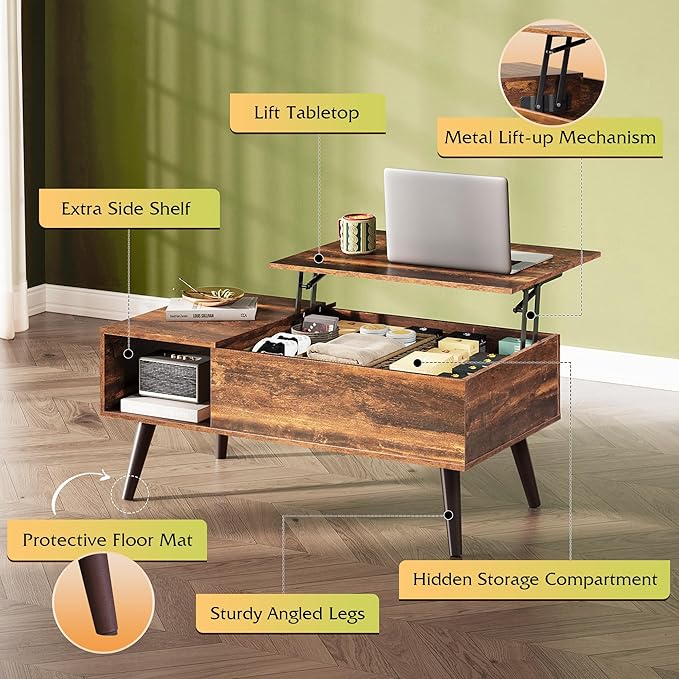 WLIVE Coffee Table for Living Room, Lift Top Coffee Table with Storage, Small Rising Wooden Dining Center Table with Storage Shelf & Hidden Compartment, 39" Rustic Brown