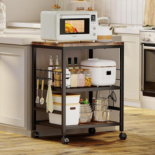 Homeiju 3-Tier Wooden Microwave Cart with Storage, 22.4''W Microwave Stand Coffee Cart Rolling Kitchen Utility Cart with Wheels, 5 Hooks, Rustic Brown and Black