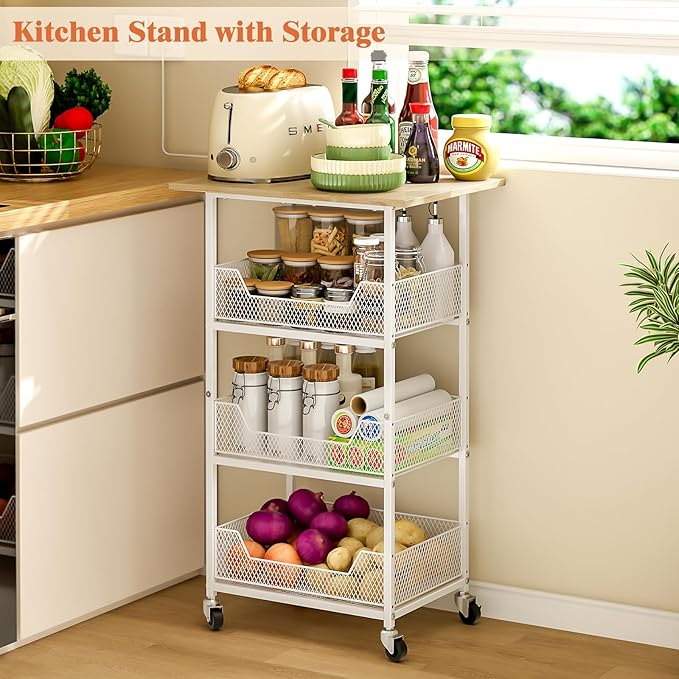 Kitchen Microwave Cart with Fruit Baskets, 4 Tier Microwave Table Stand with Storage, Kitchen Storge Shelf on Wheels Small Rolling Cart Organizer Rack for Pantry, Living Room, Bathroom