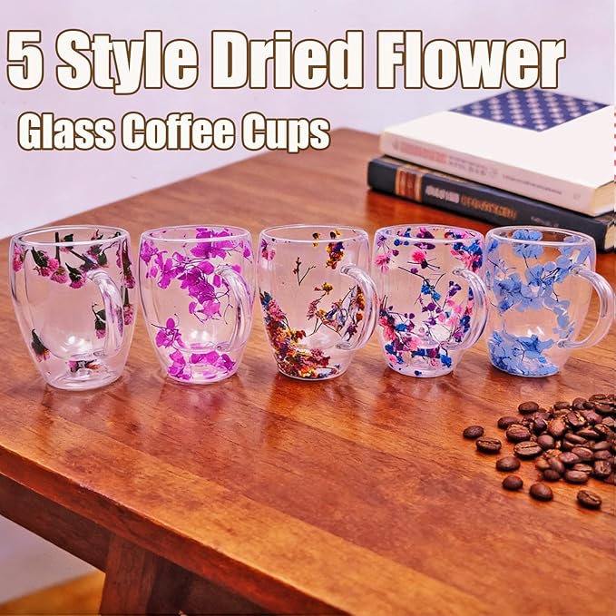 Viovian 13oz Double Wall Glass Coffee Mugs Set of 2 Insulated Glass Coffee Cups with Handles,Clear Dried Flower Tea Mug for Hot Beverages,Tea Cup Women Birthday Gifts
