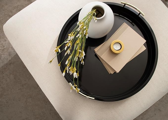 Kate And Laurel Lipton Modern Round Ottoman Tray; 22 Inch Diameter; Black and Gold; Decorative Circle Coffee Table Tray for Living Room Decor or Large Serving Tray