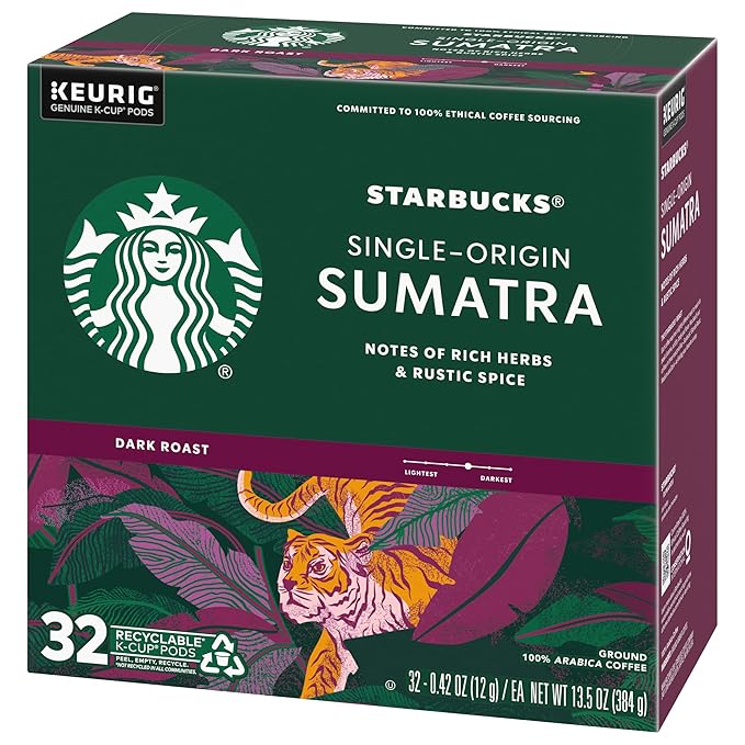 Starbucks Coffee K-Cup Pods, Sumatra Single-Origin Coffee, Dark Roast Ground Coffee, Keurig Genuine K-Cup Pods, 32 Count (Pack of 4)