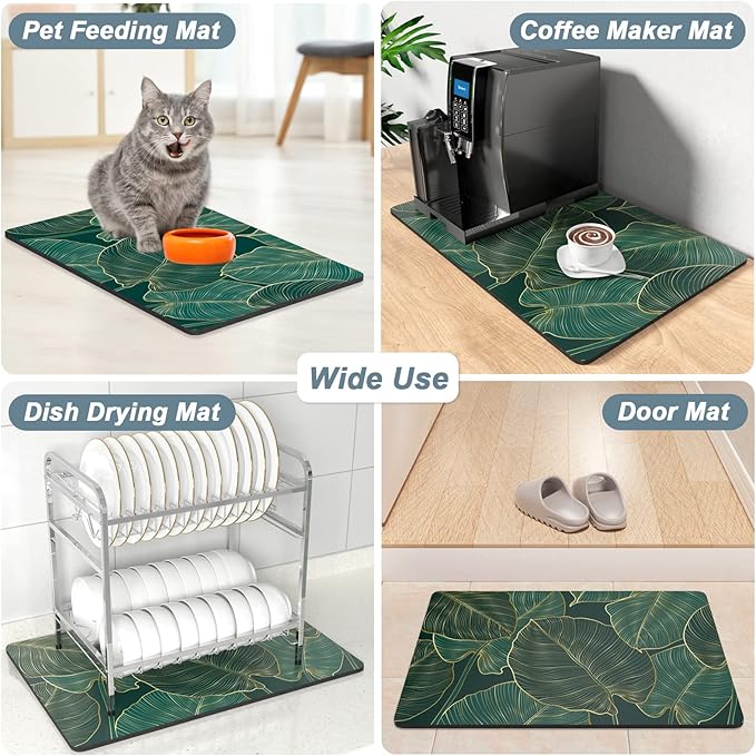 Rnivvi Coffee Mat, 12" x 19" Cute Tropical Theme Coffee Bar Mats for Espresso Machine Station Accessories and Organizer, Hide Stain Rubber Backed Absorbent Dish Drying Pad for Kitchen Counter, Palm