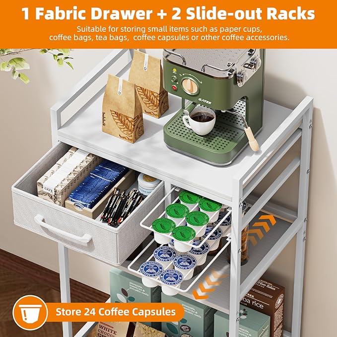 Housolution 4-Tier Coffee Bar Cart with Storage, 33" H Coffee Station Cabinet with Pod Drawers for Nespresso Vertuo, Mini Toaster Oven Stand Table for Home, Kitchen, Living Room (White + Grey)
