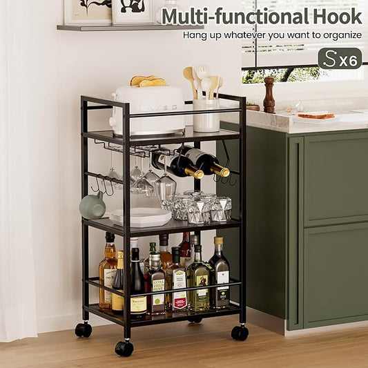 Bar Cart, Serving Cart for Home, Microwave Cart, Drink Cart, Mobile Kitchen Shelf with Wine Rack and Glass Holder, Rolling Beverage Cart for Dining Room, Grey