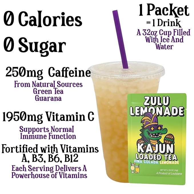 Kajun Loaded Tea – Zulu Lemonade | Pina Colada & Lemonade Flavor | Sugar Free Energy Tea Powder | 250mg Green Tea Caffeine | Zero Calories | Keto Friendly