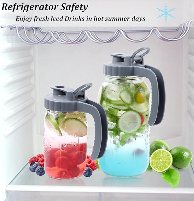 Mason Jar Pitcher 64 OZ Glass Pitcher With Pour Spout Lids (2 Pack) Airtight Leak Proof 2 Quart Wide Mouth Water Pitcher With Handle And Flip Cap For Iced Tea,Milk,Sun Tea, Lemonade,Juice,Iced Coffee