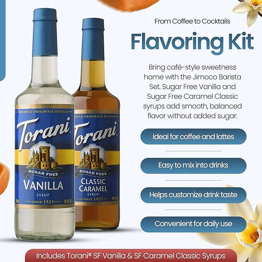 Jimoco Barista Set – Torani Sugar Free Vanilla & Caramel Classic Syrups (25.4 oz Each) with 2 Jimoco Syrup Pumps, Reusable Cups, Straws & Stirrers – Coffee, Italian Soda & Cocktail Flavoring Kit