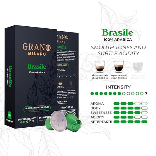 Grano Milano Brasile Coffee Capsules - 50 Aluminum Coffee Pods Compatible with Nespresso Original line,100% Arabica Medium Roast - Intensity 7/12, Made in Italy